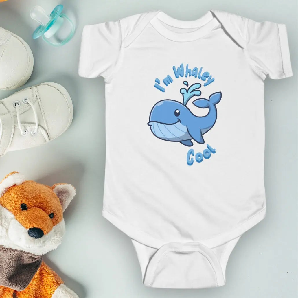 White infant one-piece bodysuit with a cartoon whale that says I'm Whaley Cool.