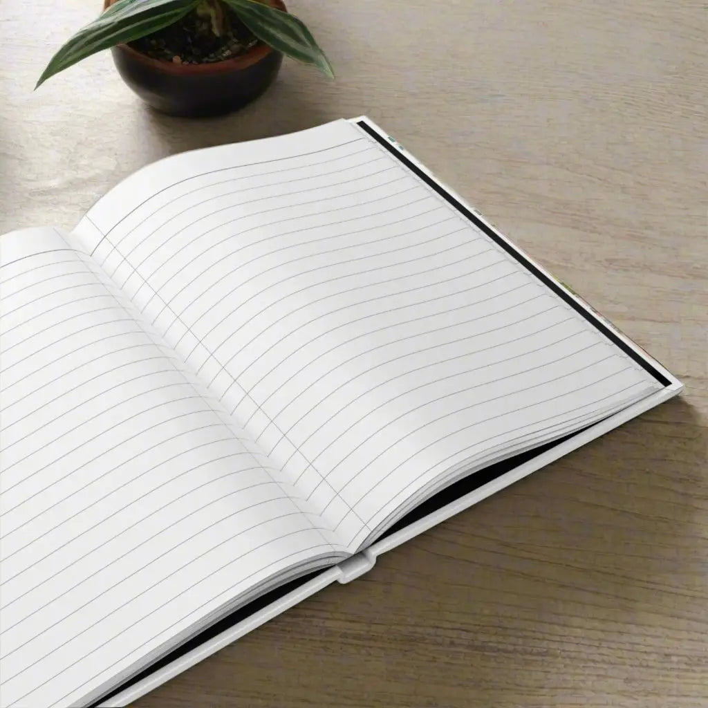 Open hardcover journal with white lined pages that are perforated for easy removal.