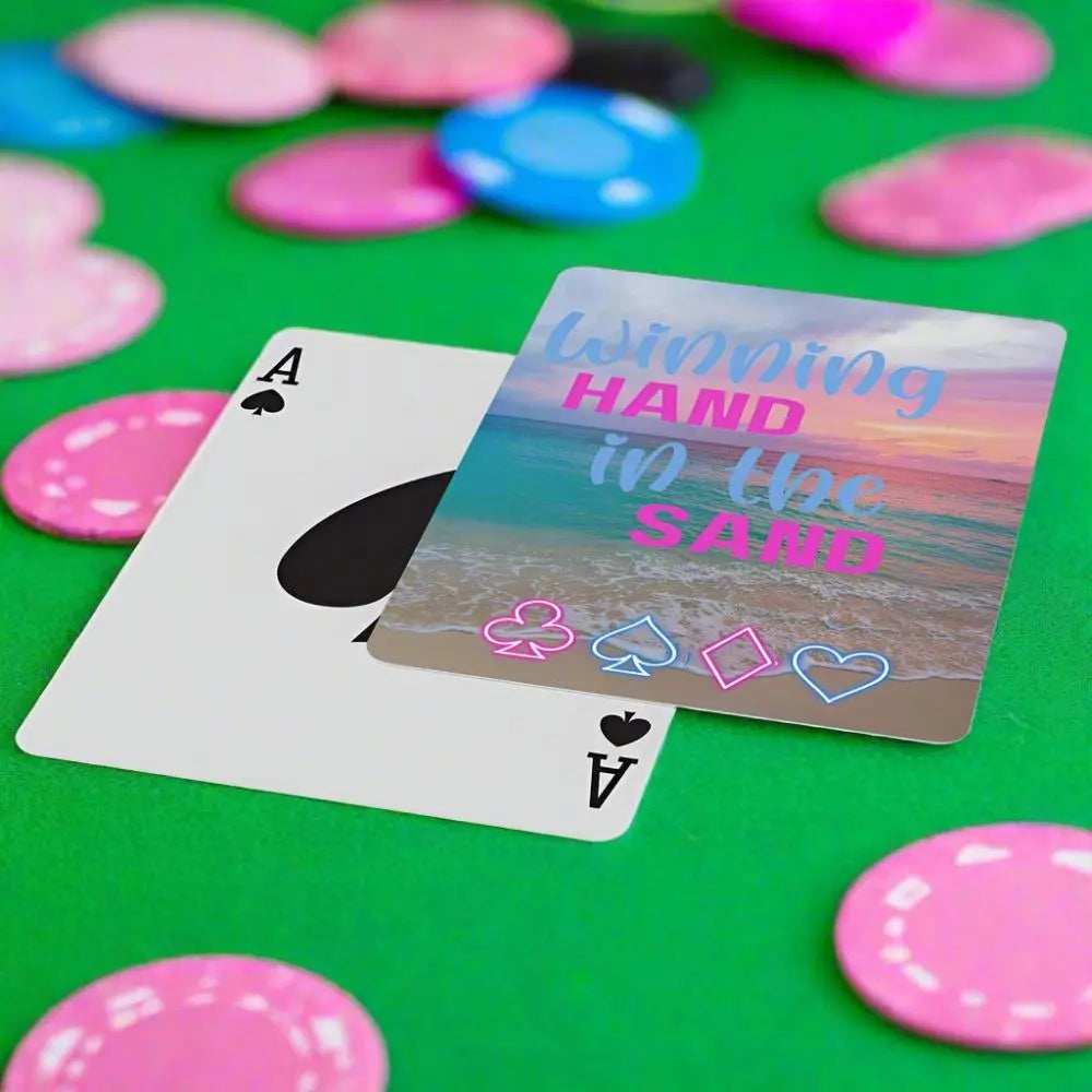 52 deck playing cards with sunset beach scene in blues and pinks with neon suits on the bottom and text Winning Hand in the Sand