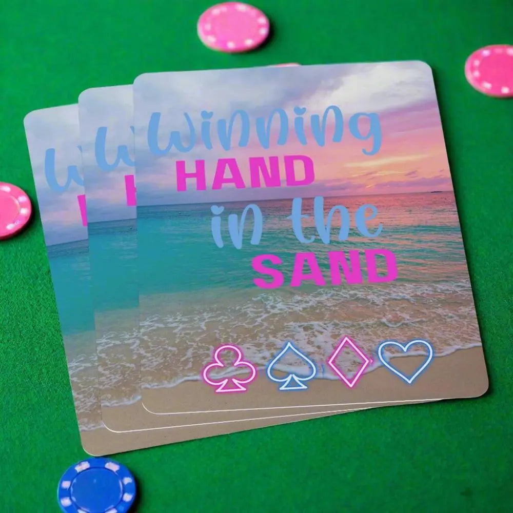 52 deck playing cards with sunset beach scene in blues and pinks with neon suits on the bottom and text Winning Hand in the Sand