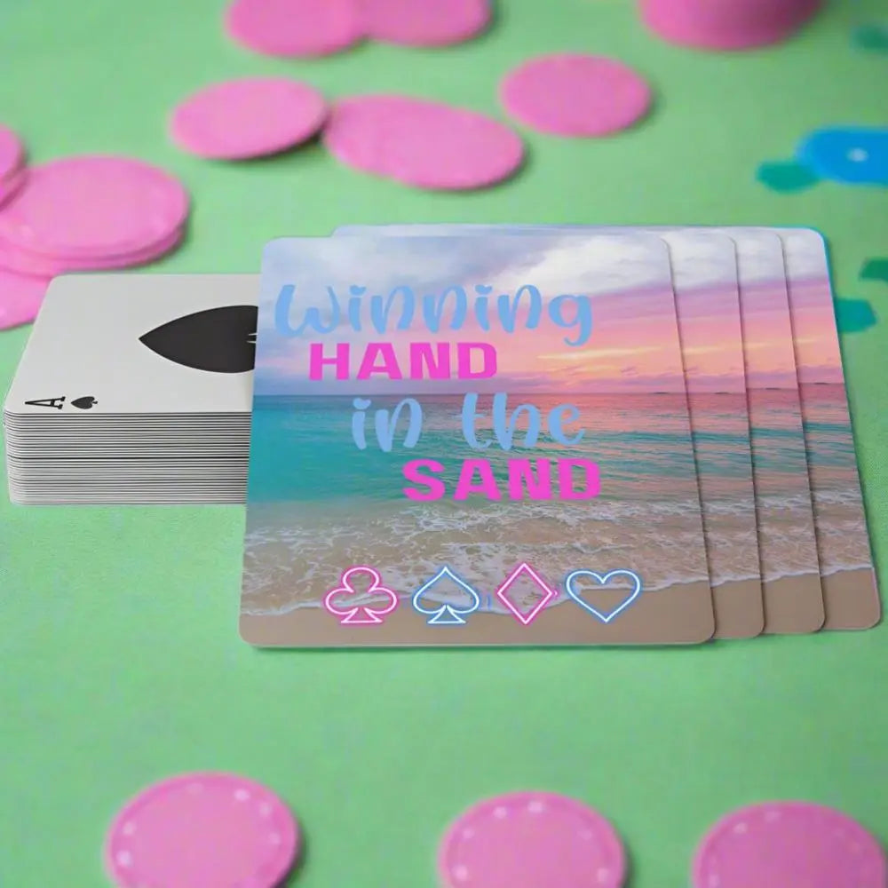 52 deck playing cards with 52 deck playing cards with sunset beach scene in blues and pinks with neon suits on the bottom and text Winning Hand in the Sandunset beach scene in blues and pinks with neon suits on the bottom and text Winning Hand in the Sand