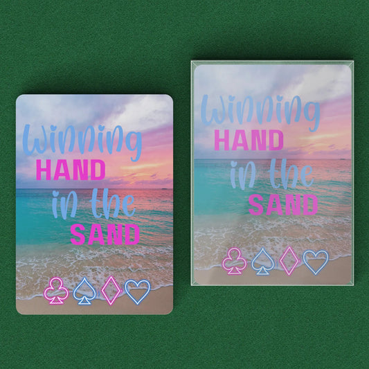 52 deck playing cards with sunset beach scene in blues and pinks with neon suits on the bottom and text Winning Hand in the Sand