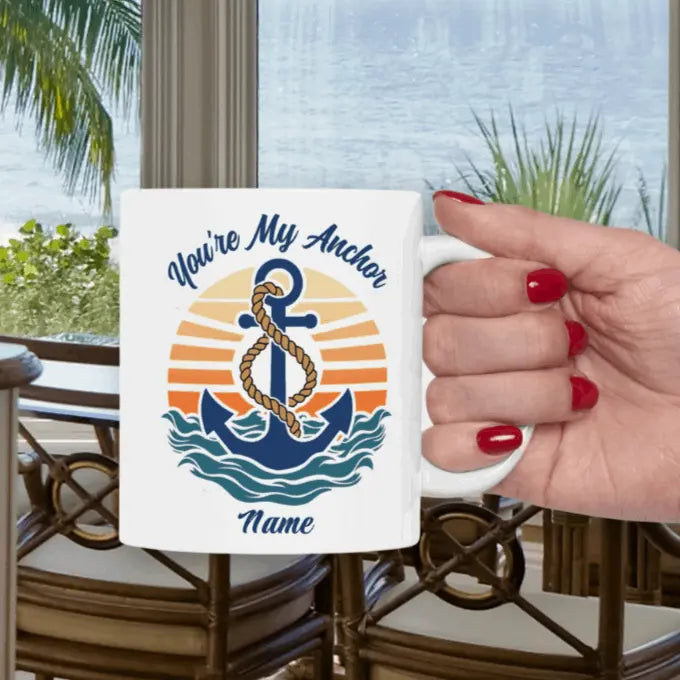 A retro sunset and waves with an anchor with text You're My Anchor. Personalize with name.