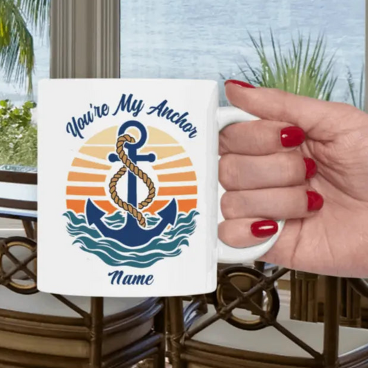 A retro sunset and waves with an anchor with text You're My Anchor. Personalize with name.