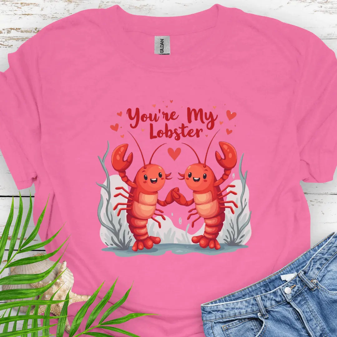 Azalea softstyle unisex T-shirt featuring two lobsters holding hands with the text 'You're My Lobster' – a fun and quirky design for couples or lobster lovers.
