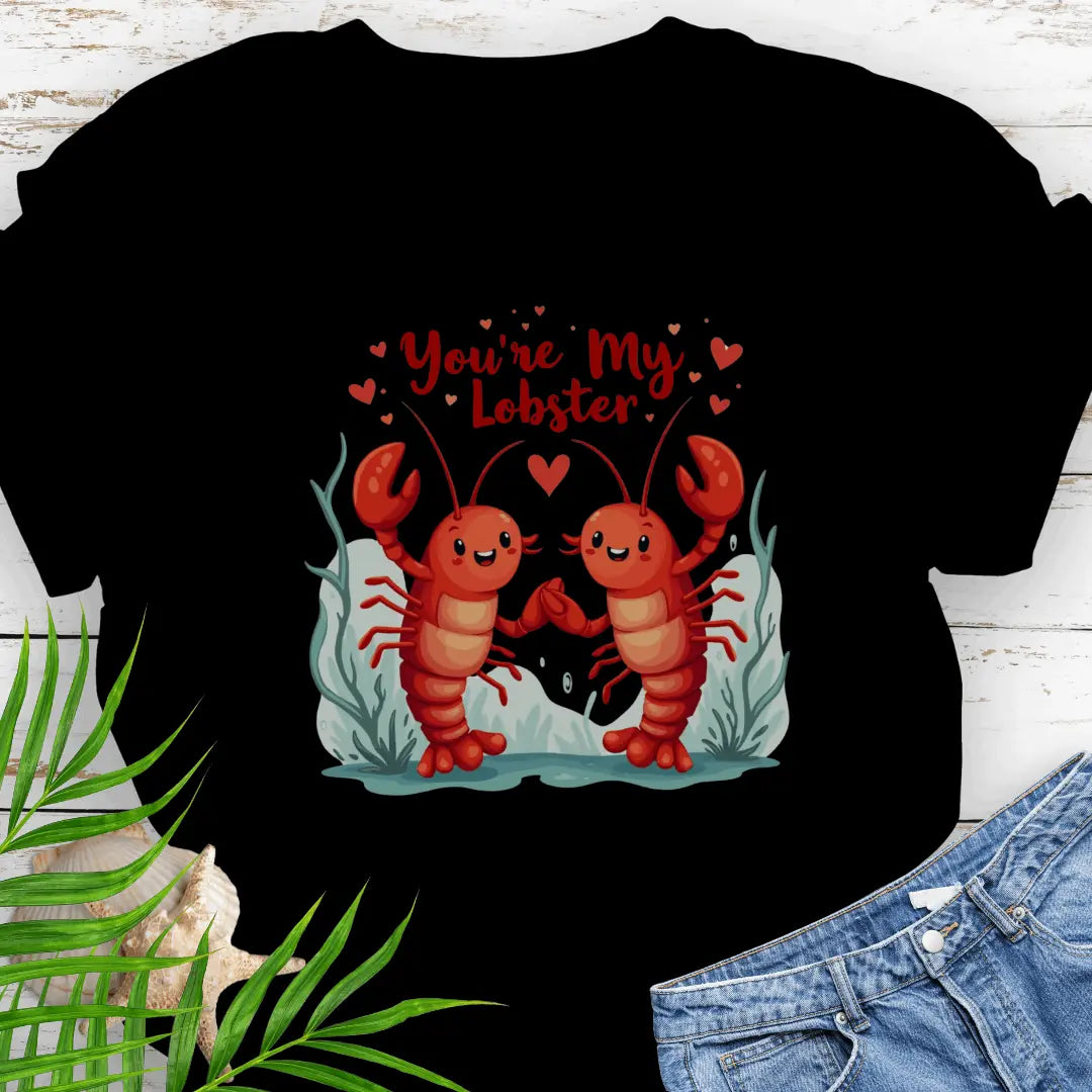 Black Softstyle unisex T-shirt featuring two lobsters holding hands with the text 'You're My Lobster' – a fun and quirky design for couples or lobster lovers.