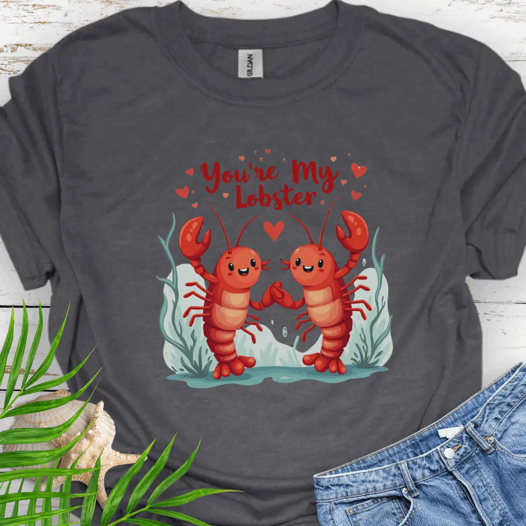 Dark Heather softstyle unisex T-shirt featuring two lobsters holding hands with the text 'You're My Lobster' – a fun and quirky design for couples or lobster lovers.