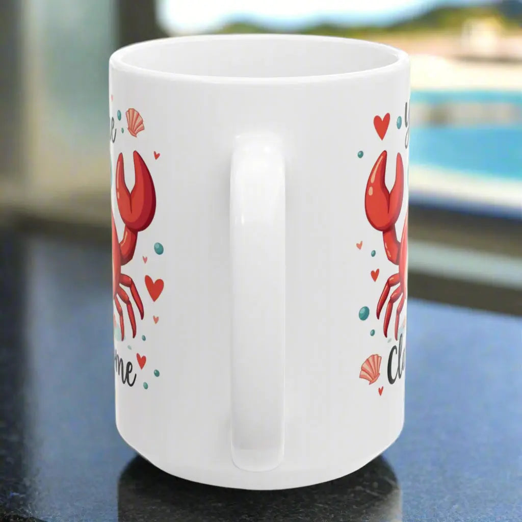 Side view of white ceramic 15 oz mug with happy crab with text You're Clawsome personalized with recipient name. Ideal for crab lovers, personalized gift seekers, and those looking to add some fun to their daily beverage enjoyment.