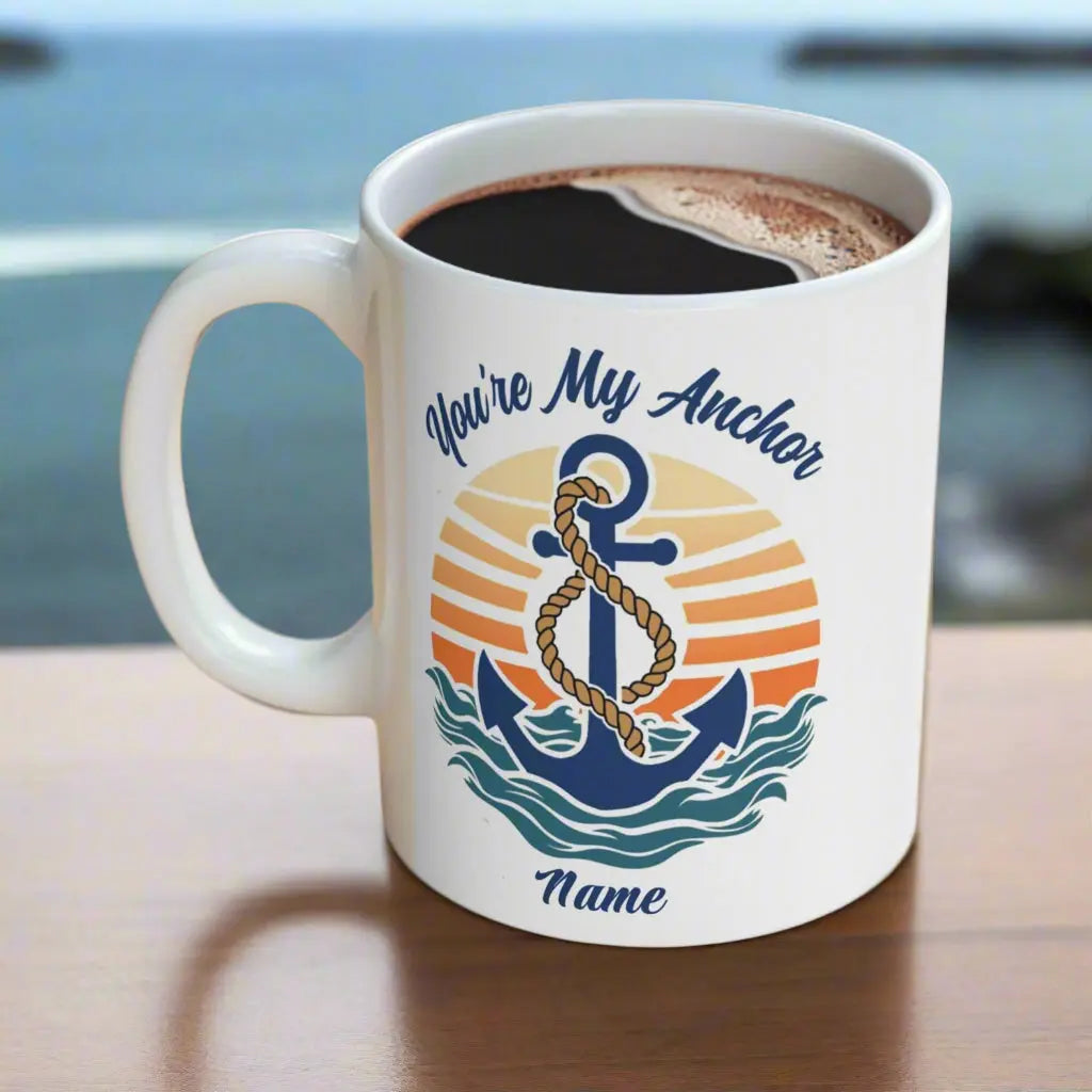 Anchor in center with retro sunset and waves that says You're My Anchor and personalized with name.