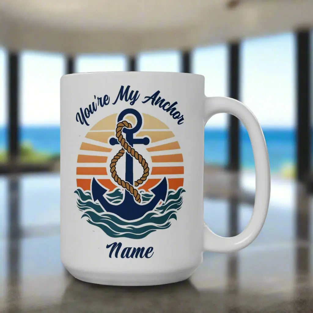 Retro Sunset with waves and Anchor with text You're My Anchor Personalized with name white 15 oz. mug.