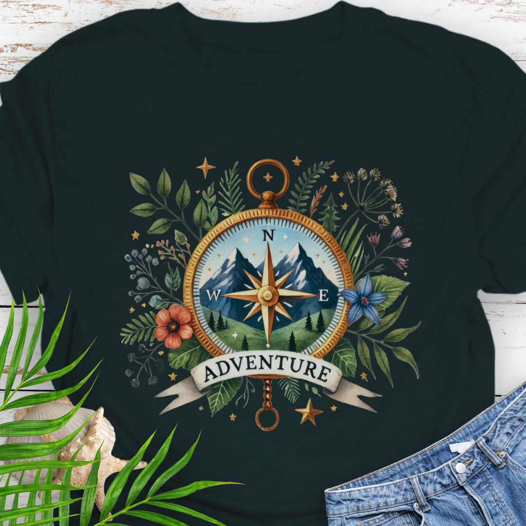 Black T-shirt with a compass design featuring a mountain scene inside, surrounded by wildflowers and a banner that says "Adventure" – perfect for outdoor enthusiasts.