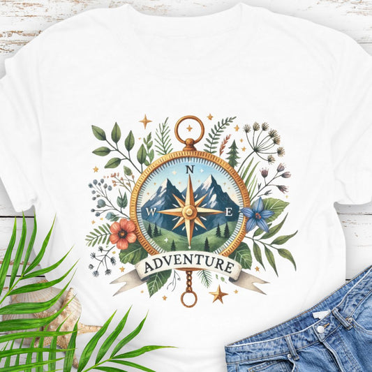 White T-shirt with a compass design featuring a mountain scene inside, surrounded by wildflowers and a banner that says "Adventure" – perfect for outdoor enthusiasts.