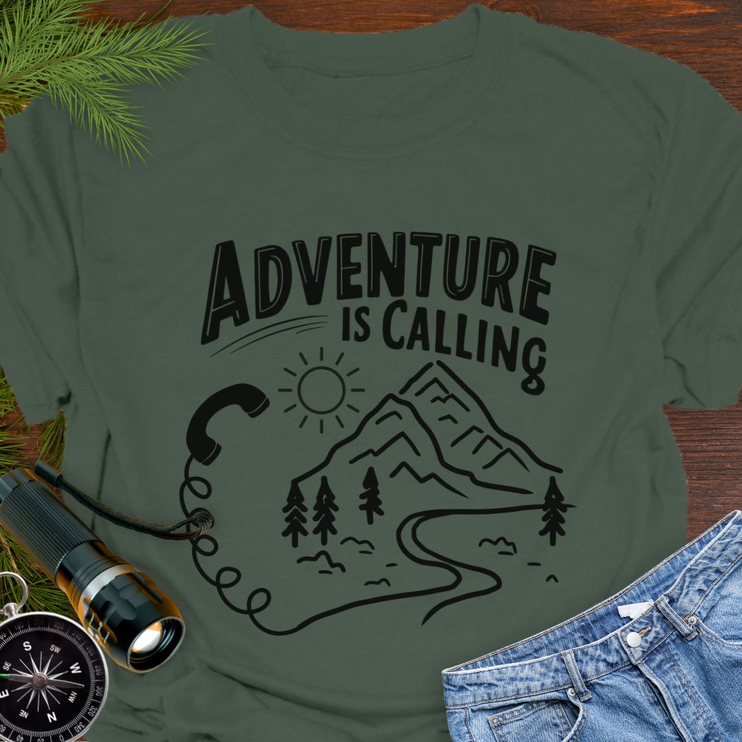 Military Green Adventure is Calling with mountain range and phone handset with cord blending into hiking trail.