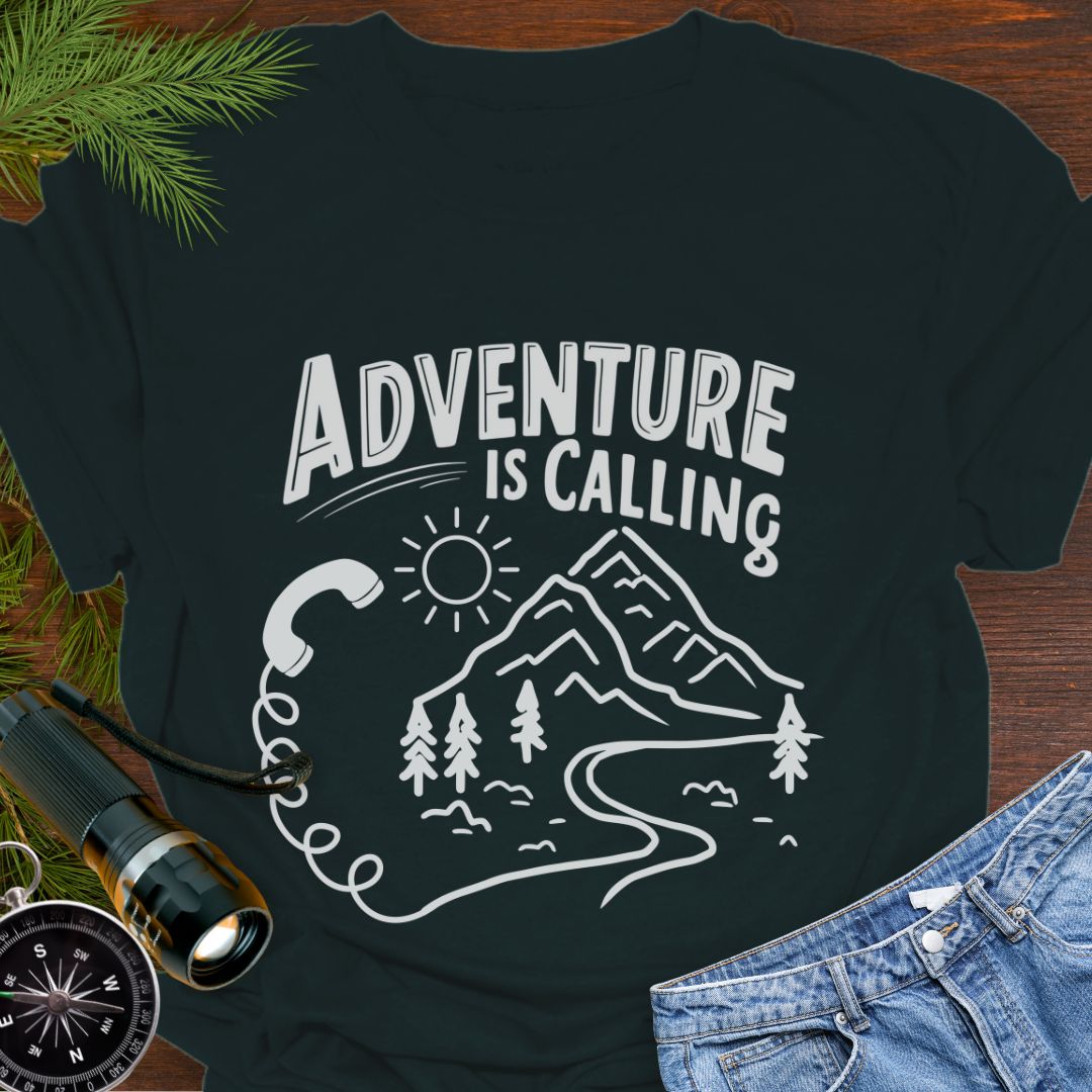 Black Adventure is Calling with mountain range and phone handset with cord blending into hiking trail.