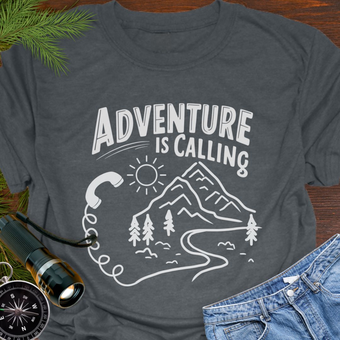 Dark Heather Adventure is Calling with mountain range and phone handset with cord blending into hiking trail.