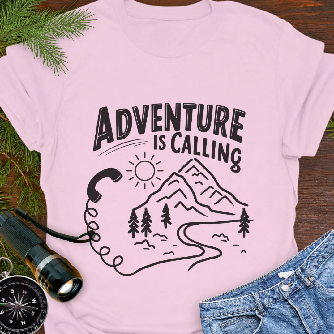 Light Pink Adventure is Calling with mountain range and phone handset with cord blending into hiking trail.