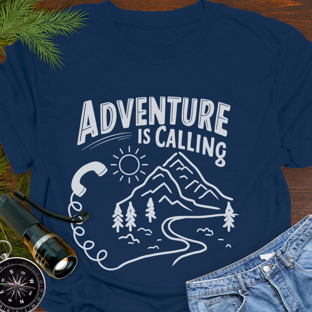 Navy Adventure is Calling with mountain range and phone handset with cord blending into hiking trail.