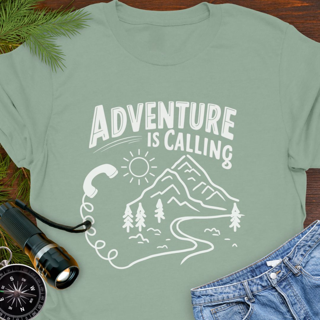 Sage Adventure is Calling with mountain range and phone handset with cord blending into hiking trail.