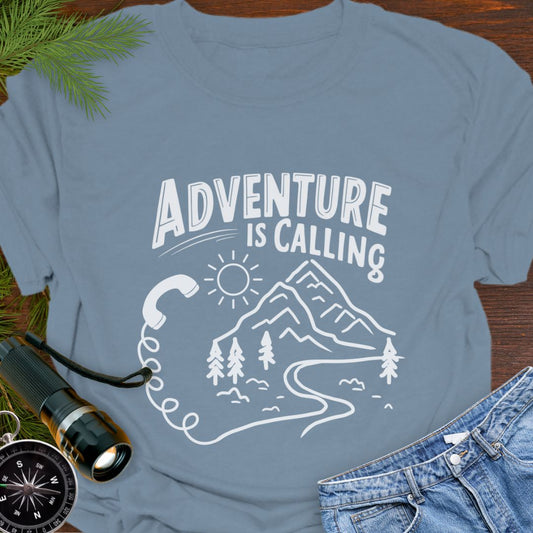Stone Blue Adventure is Calling with mountain range and phone handset with cord blending into hiking trail.