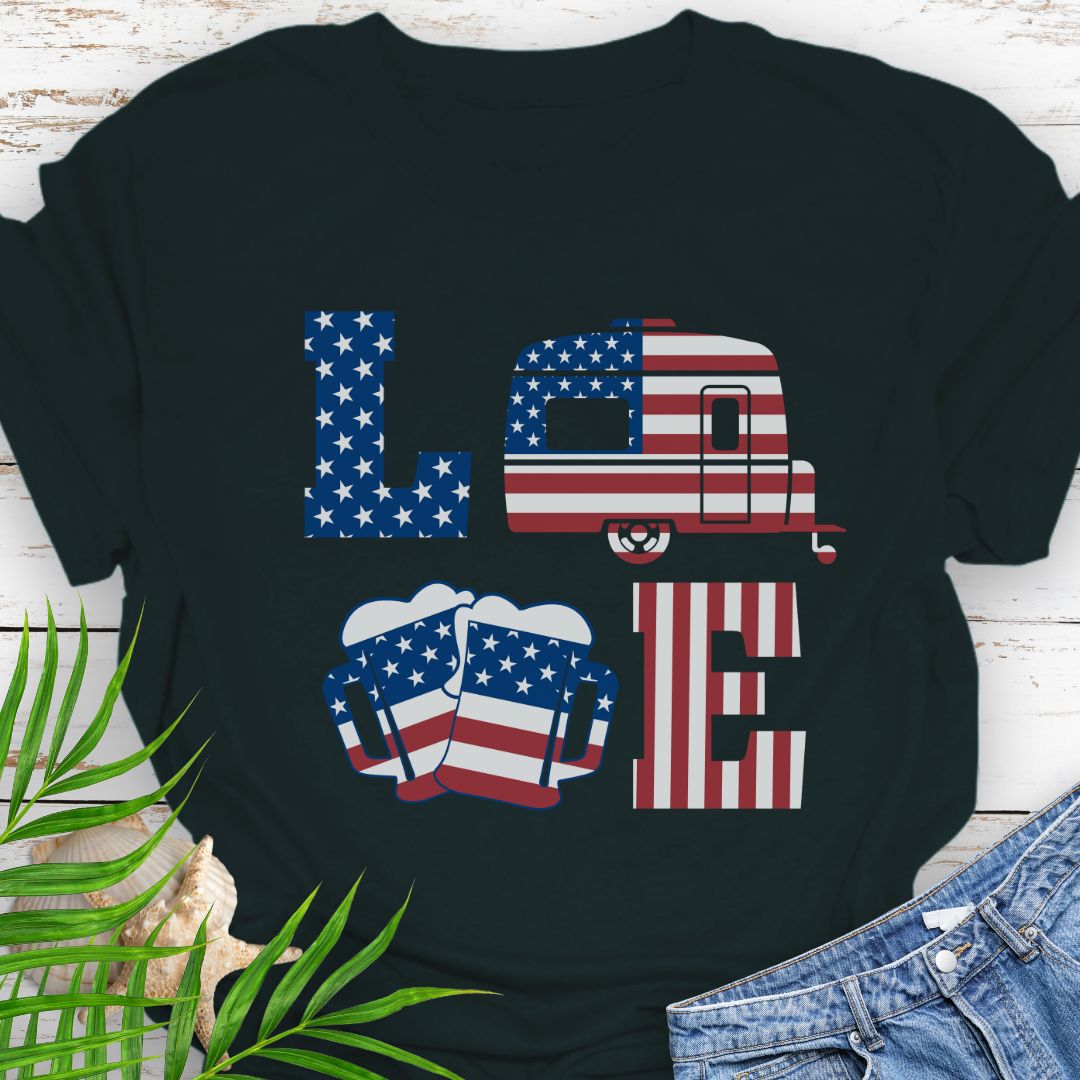 Black T-shirt with patriotic LOVE design: blue star-patterned L, American flag camper as O, beer mugs forming V, and red-striped E – playful 4th of July theme.