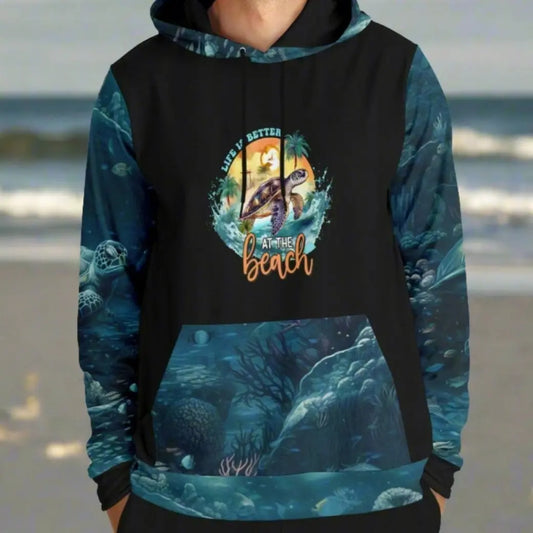 Custom hoodie with black front and back, underwater scene with sea turtles on sleeves, kangaroo pouch and hood. Sea turtle on front with text life's better at the beach