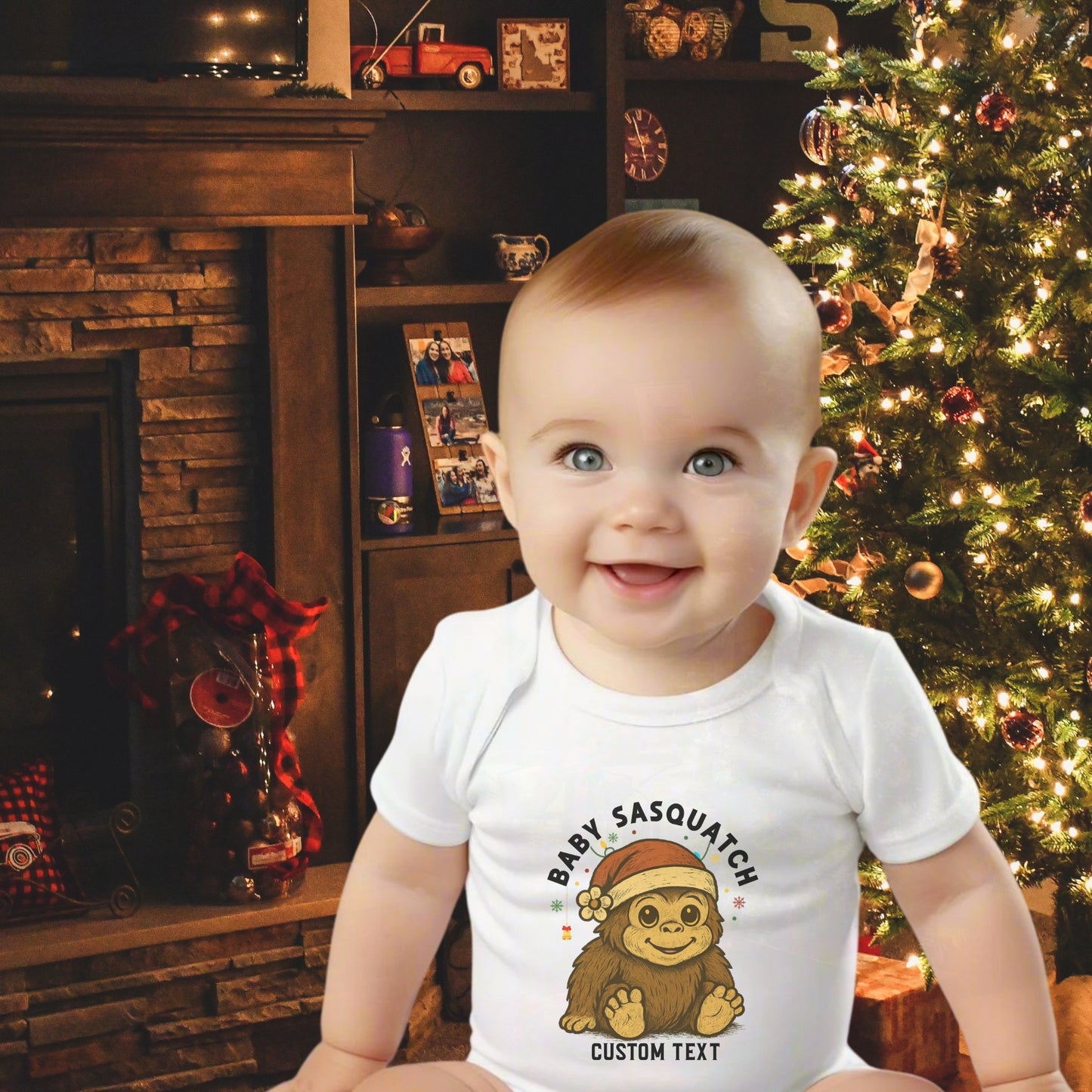 Baby wearing a onesie with a Sasquatch design with custom text.