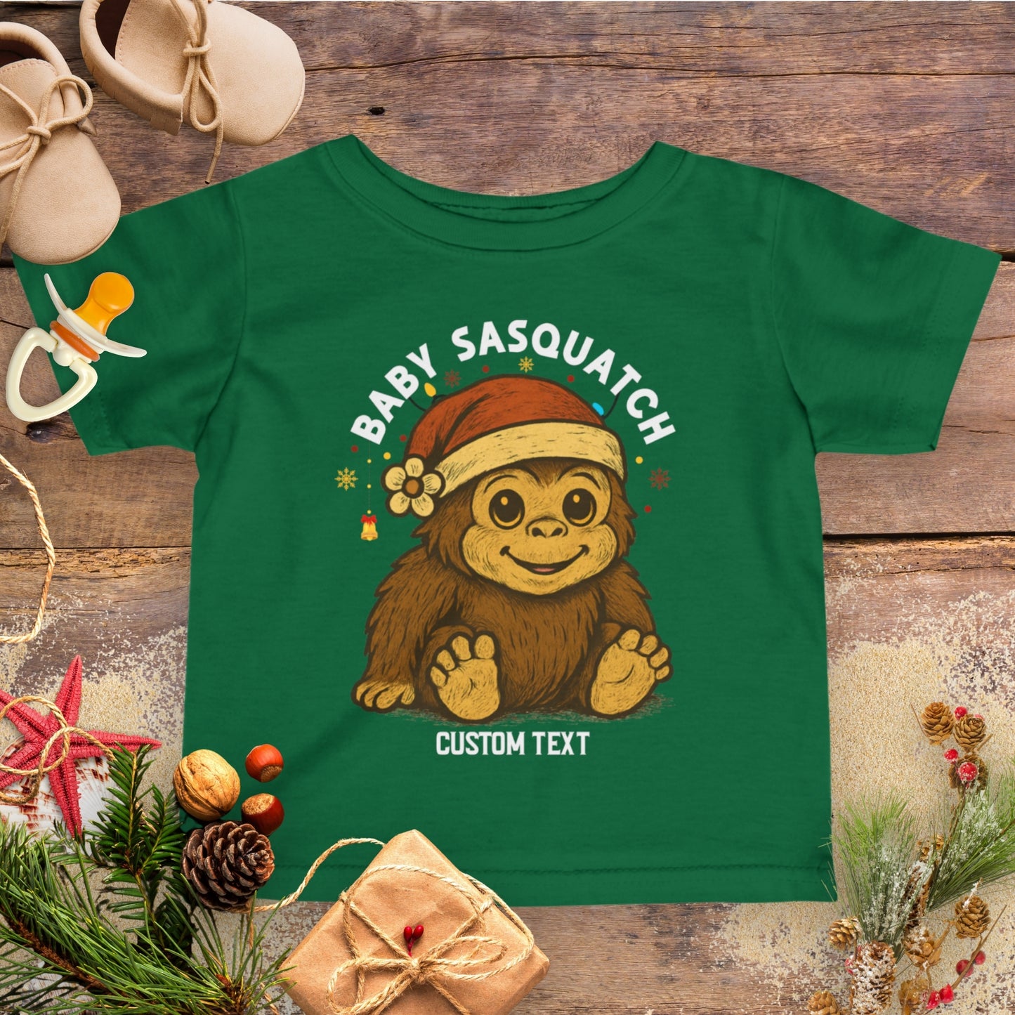Green t-shirt with 'Baby Sasquatch' design personalized.