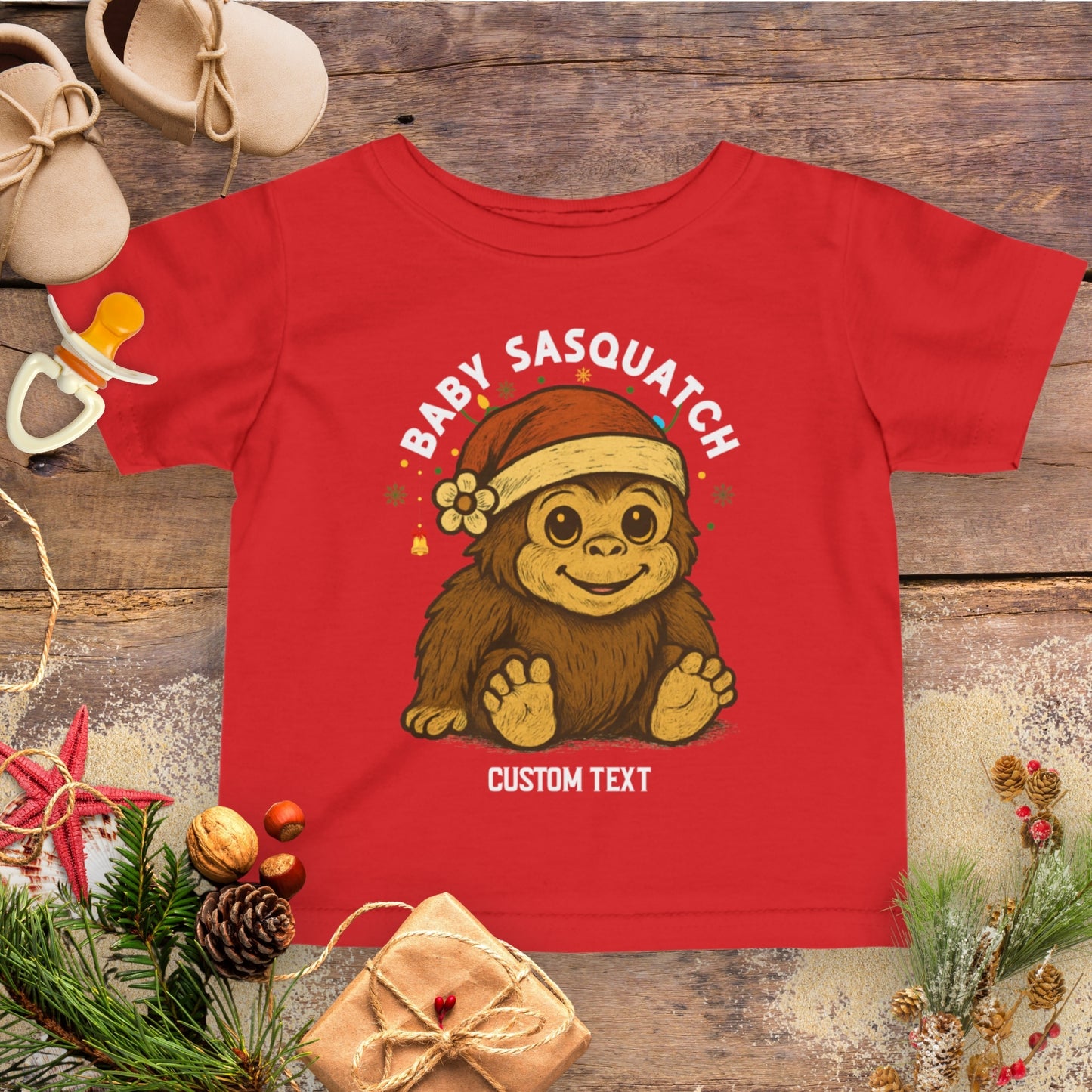 Red t-shirt with 'Baby Sasquatch' design personalized.