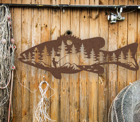Copper  intricate metal art sign featuring a bass fish with a man fishing inside the fish. A unique and detailed design, perfect for fishing enthusiasts and rustic home or cabin decor.