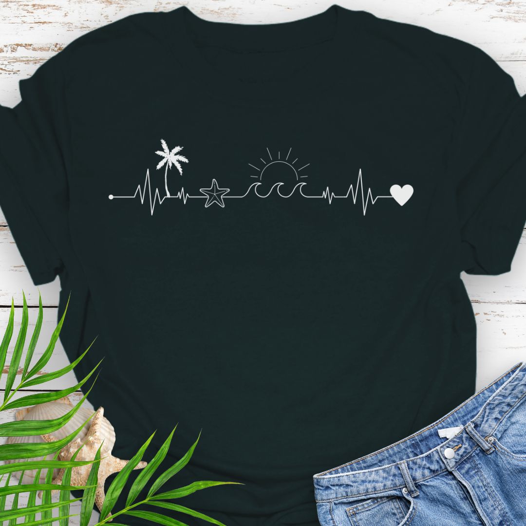 Black T-shirt with heartbeat line featuring palm tree, starfish, and ocean wave.