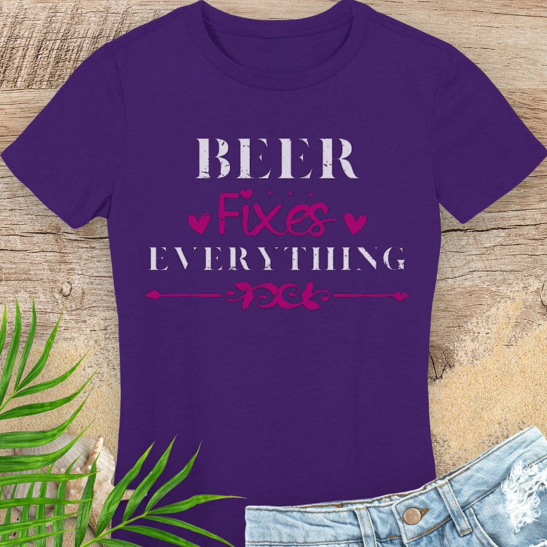 Purple women's t-shirt with 'Beer Fixes Everything' text with hearts.