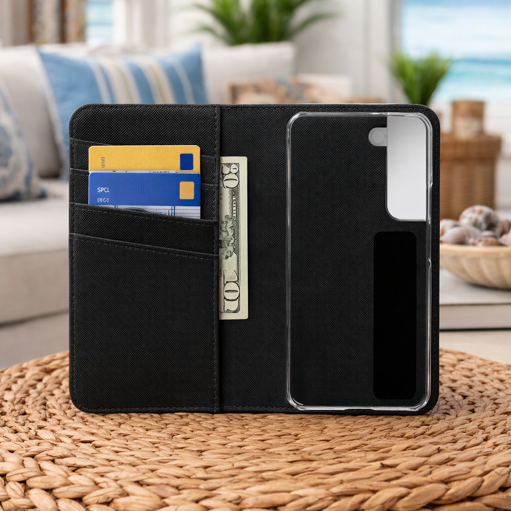 Black phone case with card slots and cash pocket on a woven surface