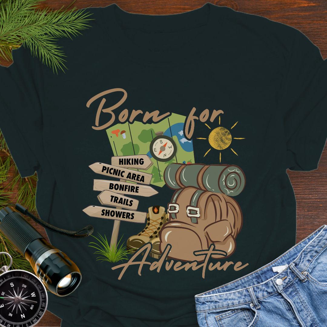 Black T-shirt perfect for hikers with a backpack with sleeping bag roll, hiking boots, trail sign, map and sun that says Born for adventure.