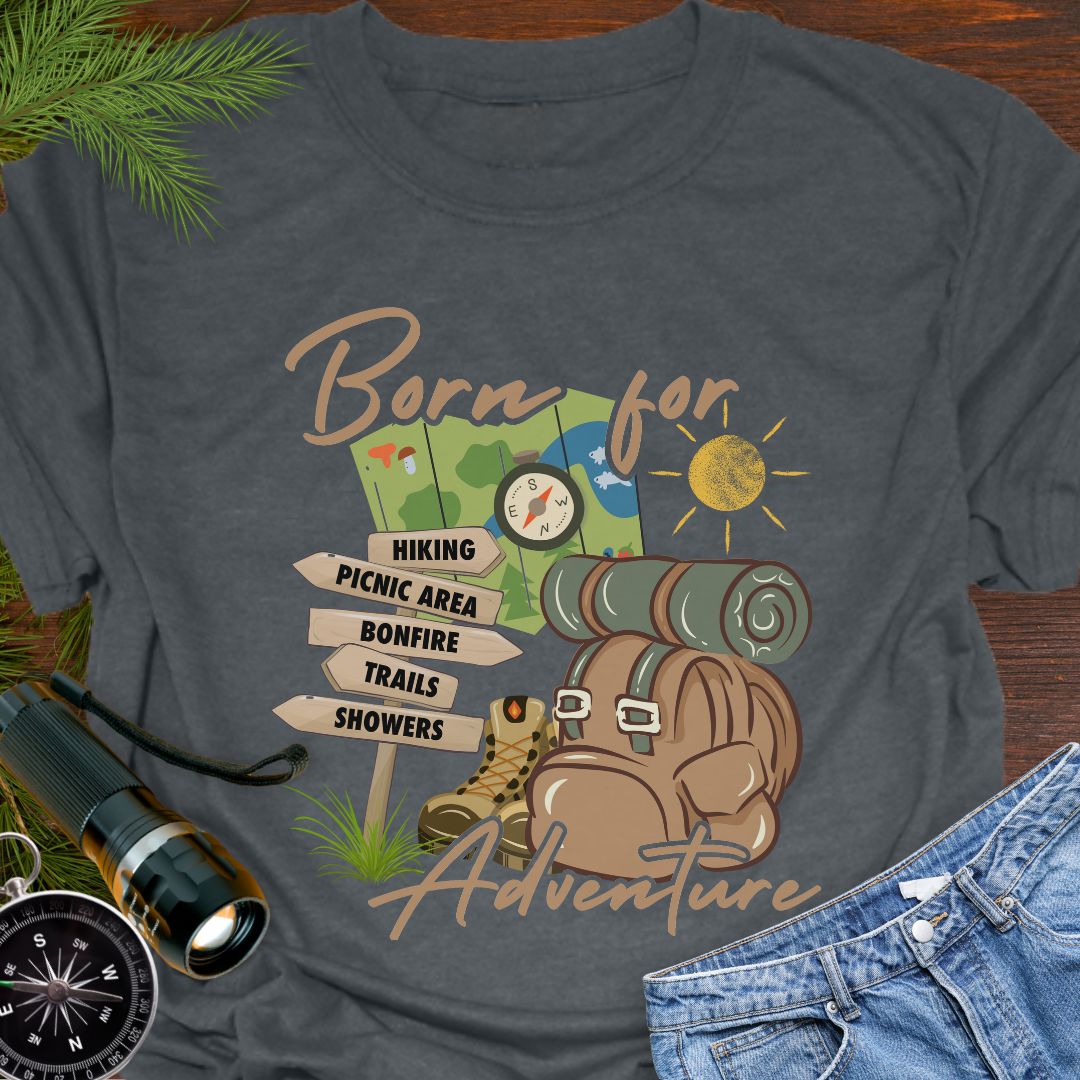 Dark Heather T-shirt perfect for hikers with a backpack with sleeping bag roll, hiking boots, trail sign, map and sun that says Born for adventure.