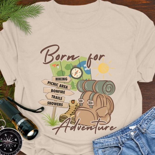 Natural T-shirt perfect for hikers with a backpack with sleeping bag roll, hiking boots, trail sign, map and sun that says Born for adventure.