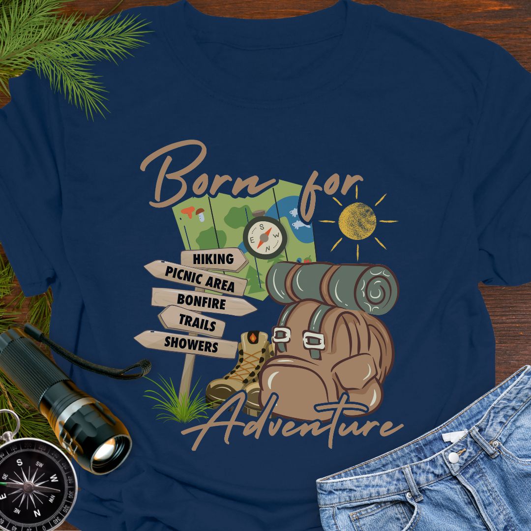 Navy T-shirt perfect for hikers with a backpack with sleeping bag roll, hiking boots, trail sign, map and sun that says Born for adventure.