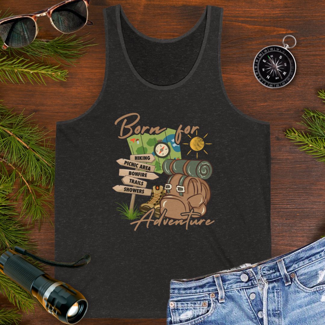Charcoal Unisex Tank top with hiking gear and trail-themed design for outdoor lovers.
