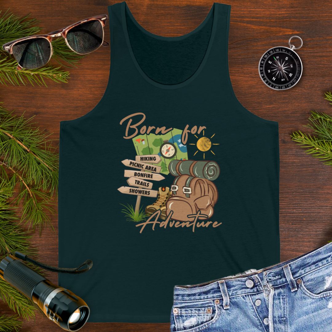 Navy Unisex Tank top with hiking gear and trail-themed design for outdoor lovers.