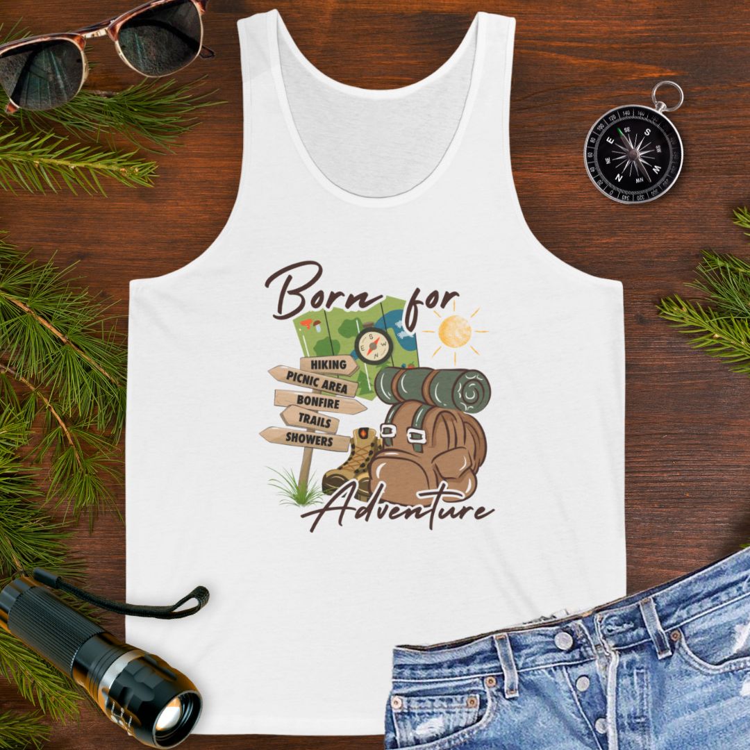 White Unisex Tank top with hiking gear and trail-themed design for outdoor lovers.