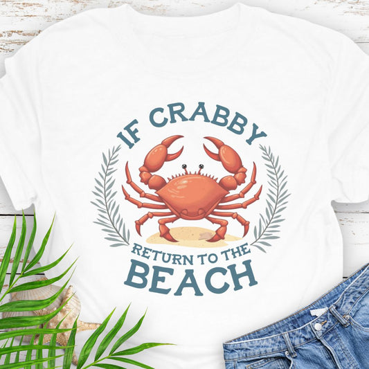 White T-shirt with a playful crab-inspired beach-themed graphic and the phrase “Crabby Return to Beach.”