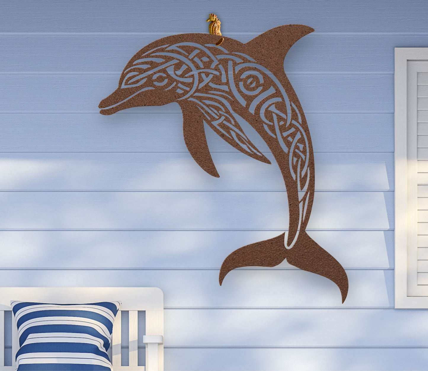 Copper metal wall art featuring a dolphin silhouette with detailed Celtic knot design inside, crafted from steel and available in various sizes and colors.
