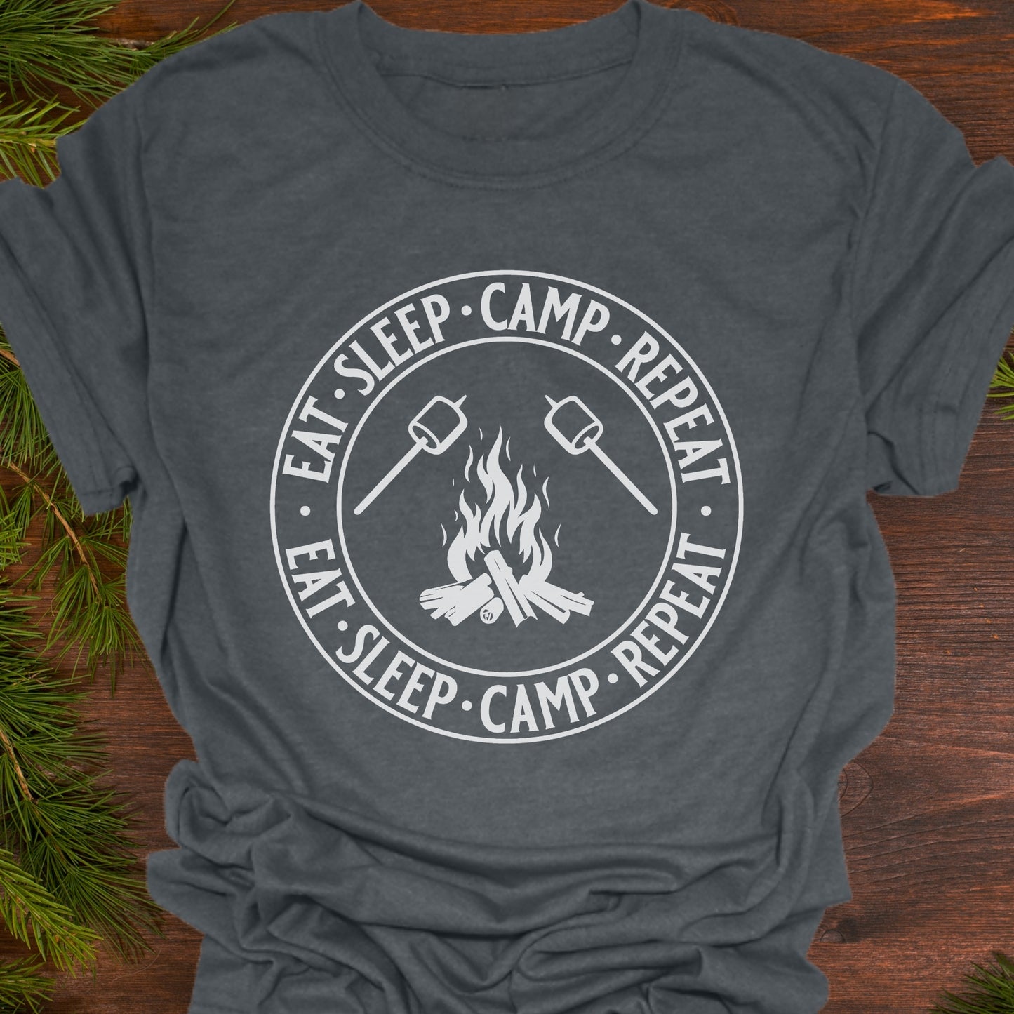 Gray t-shirt with 'Eat Sleep Camp Repeat' graphic.