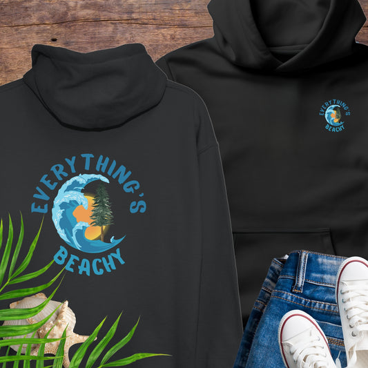 Black Everything’s Beachy logo hoodie with front pocket logo and full back graphic.