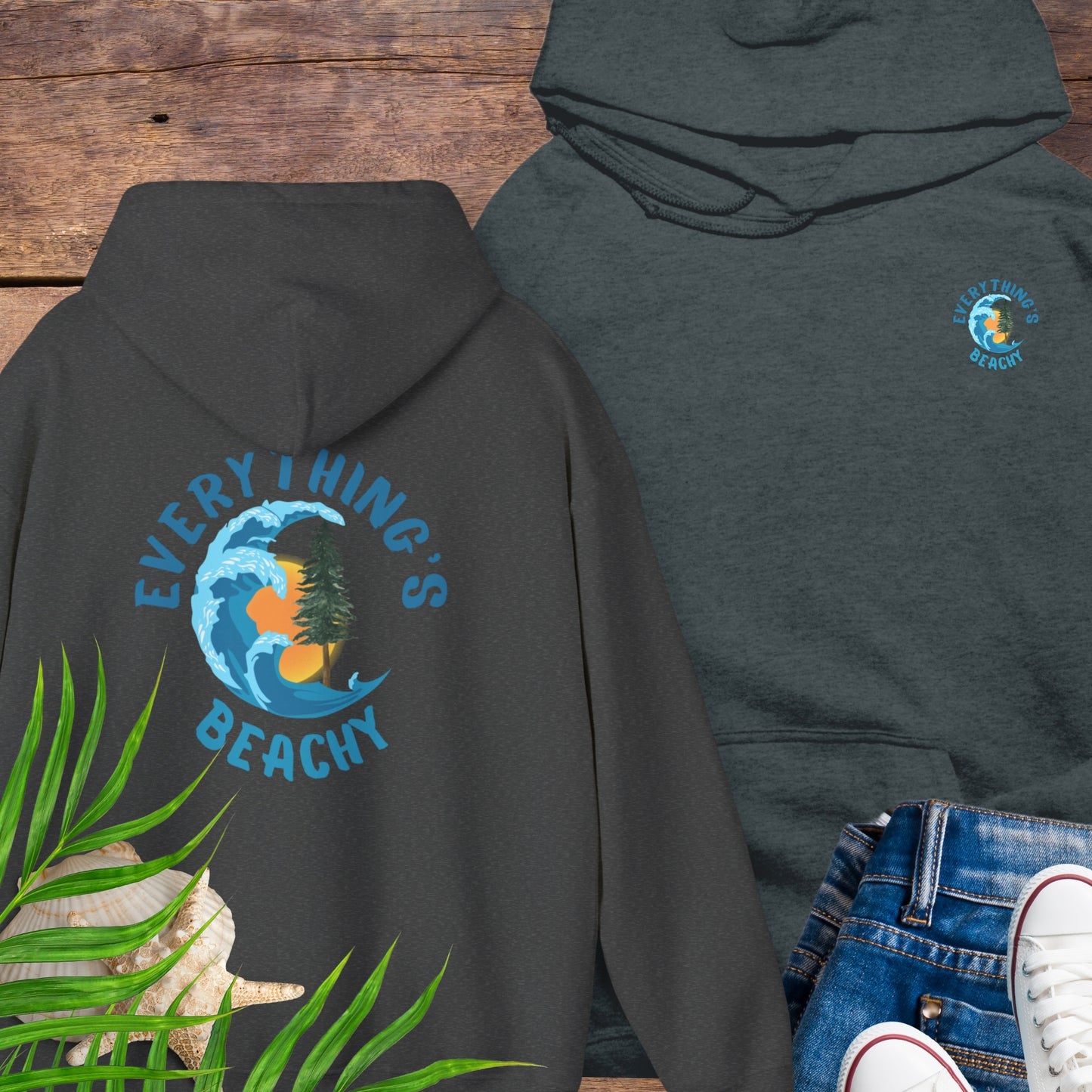 Dark gray Everything’s Beachy logo hoodie with front pocket logo and full back graphic.