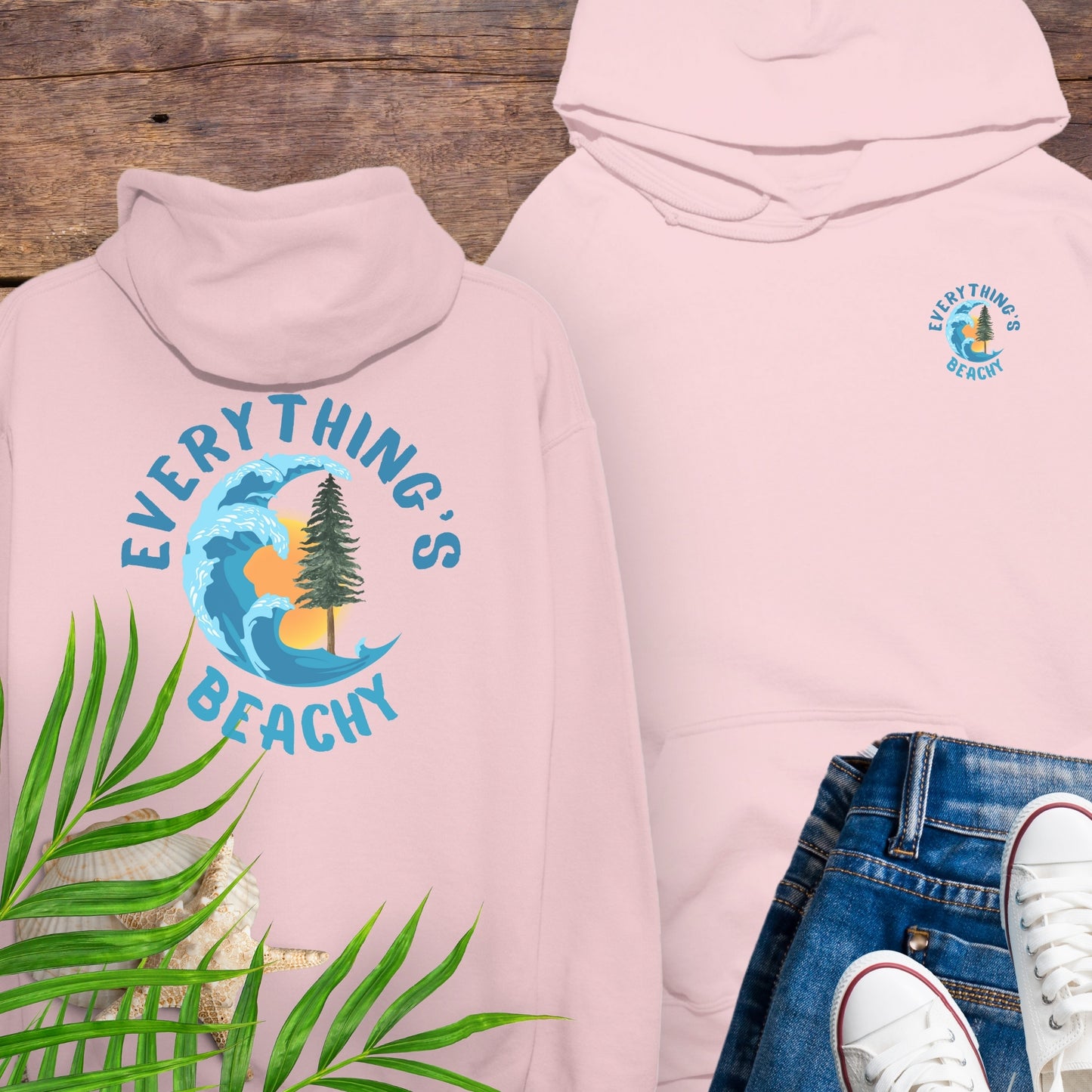 Pink Everything’s Beachy logo hoodie with front pocket logo and full back graphic.