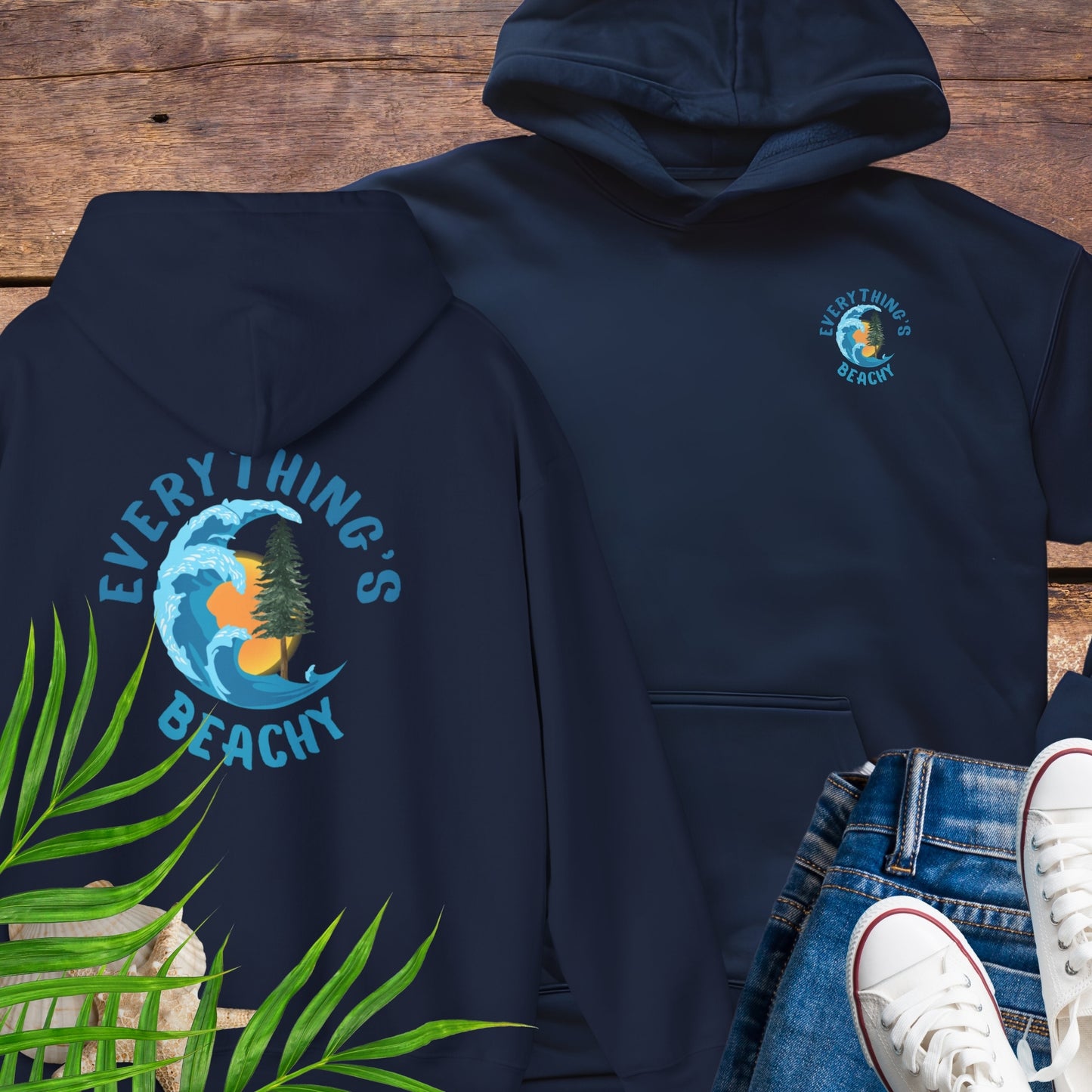 Navy blue Everything’s Beachy logo hoodie with front pocket logo and full back graphic.