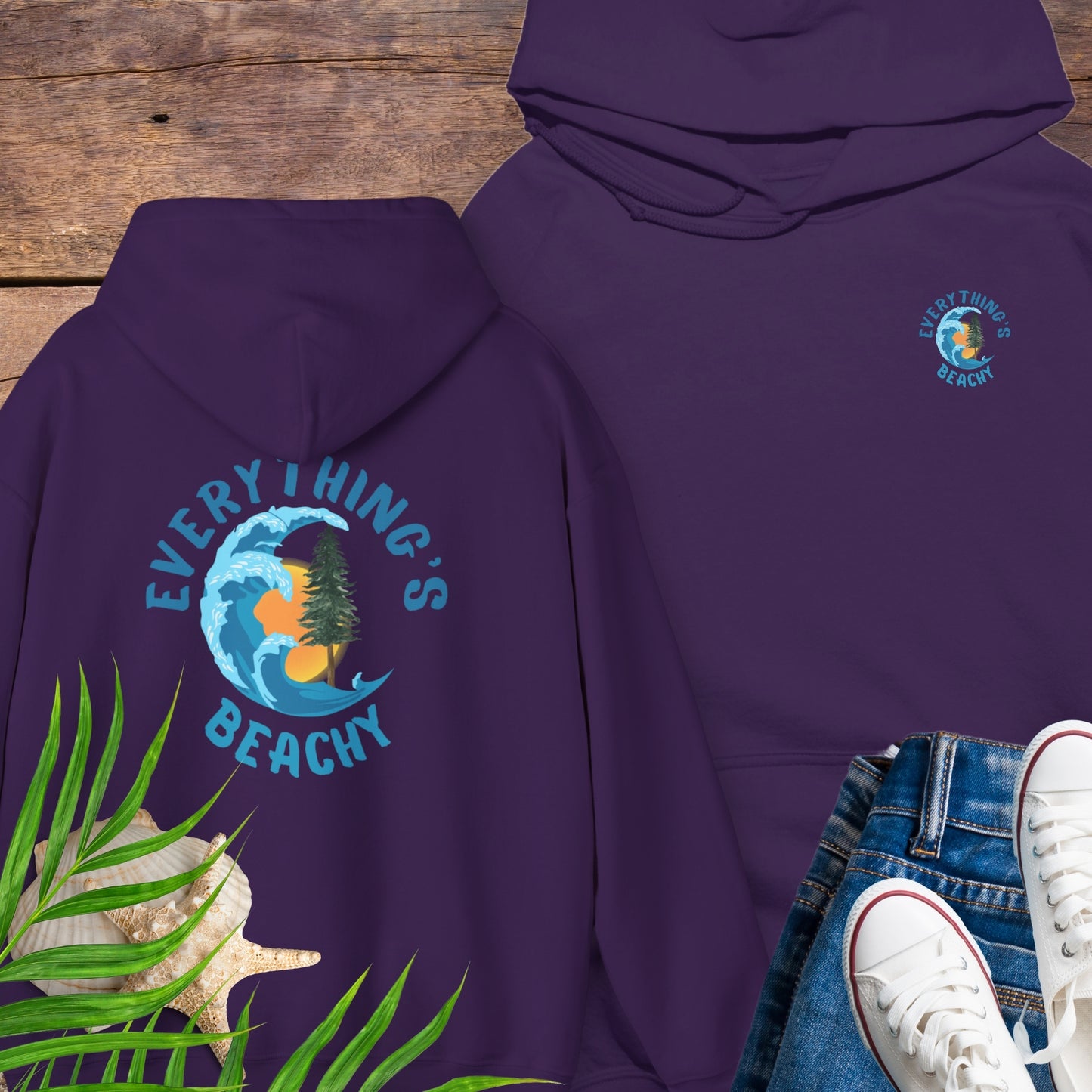 Purple Everything’s Beachy logo hoodie with front pocket logo and full back graphic.