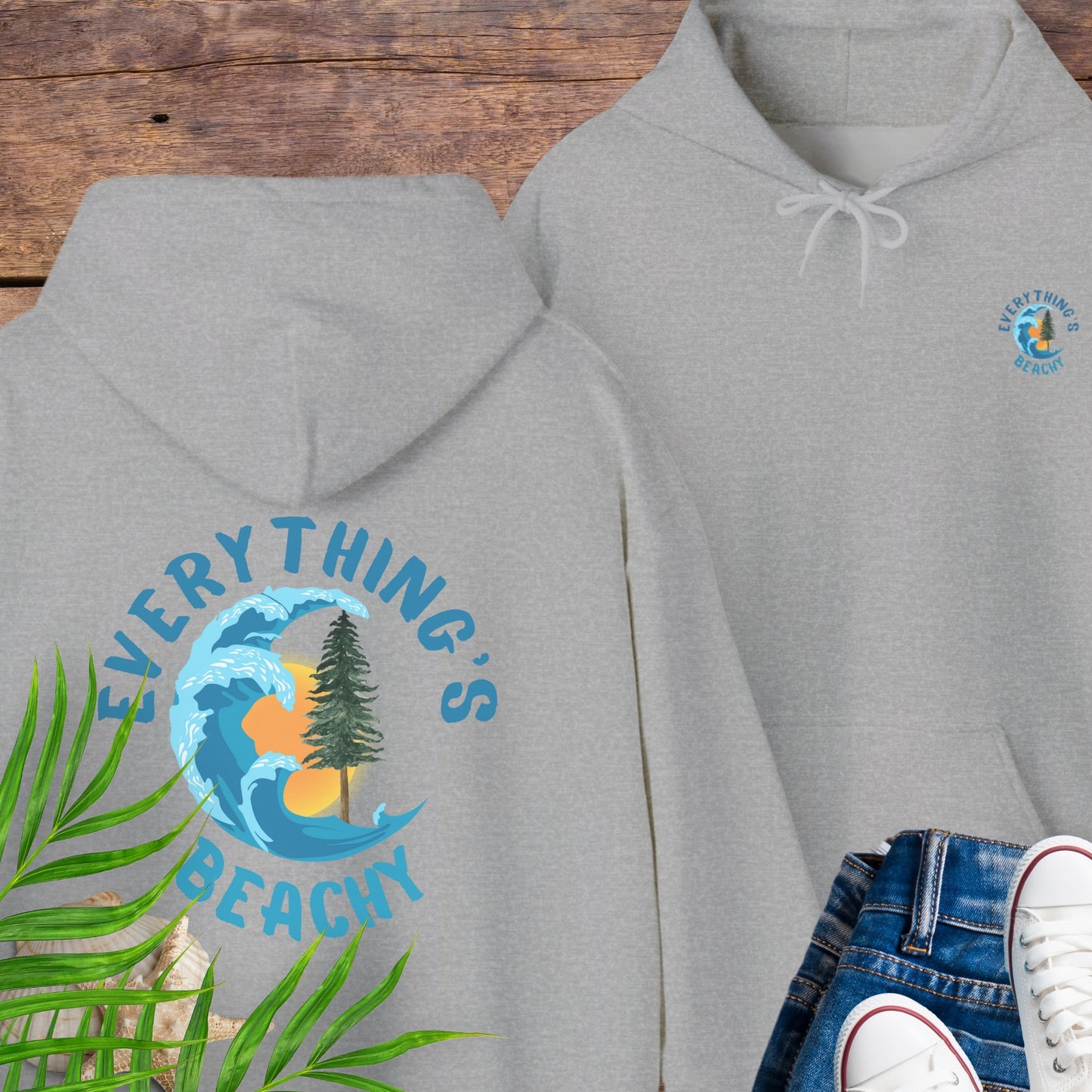 Gray Everything’s Beachy logo hoodie with front pocket logo and full back graphic.