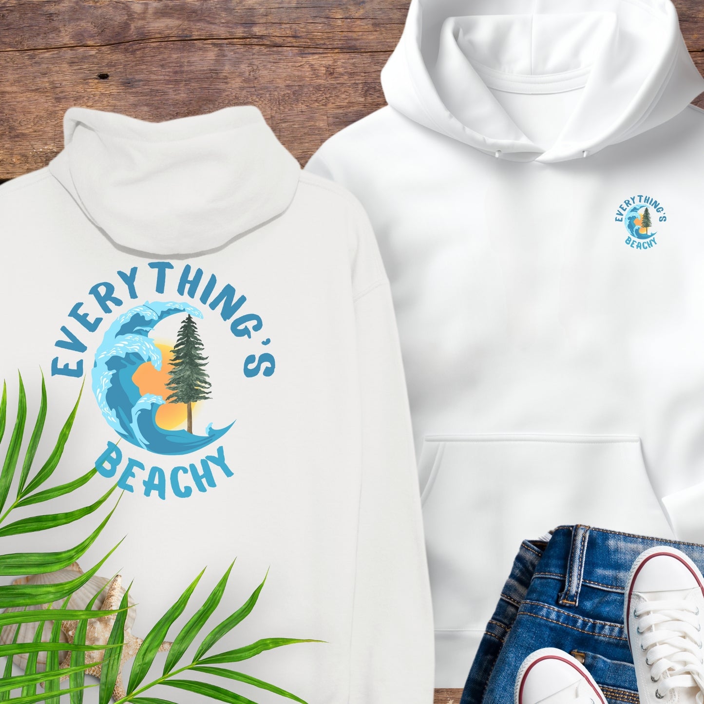 White Everything’s Beachy logo hoodie with front pocket logo and full back graphic.