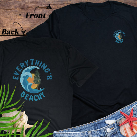 Black t-shirt with Everything’s Beachy logo with wave, sun, and redwood graphic.
